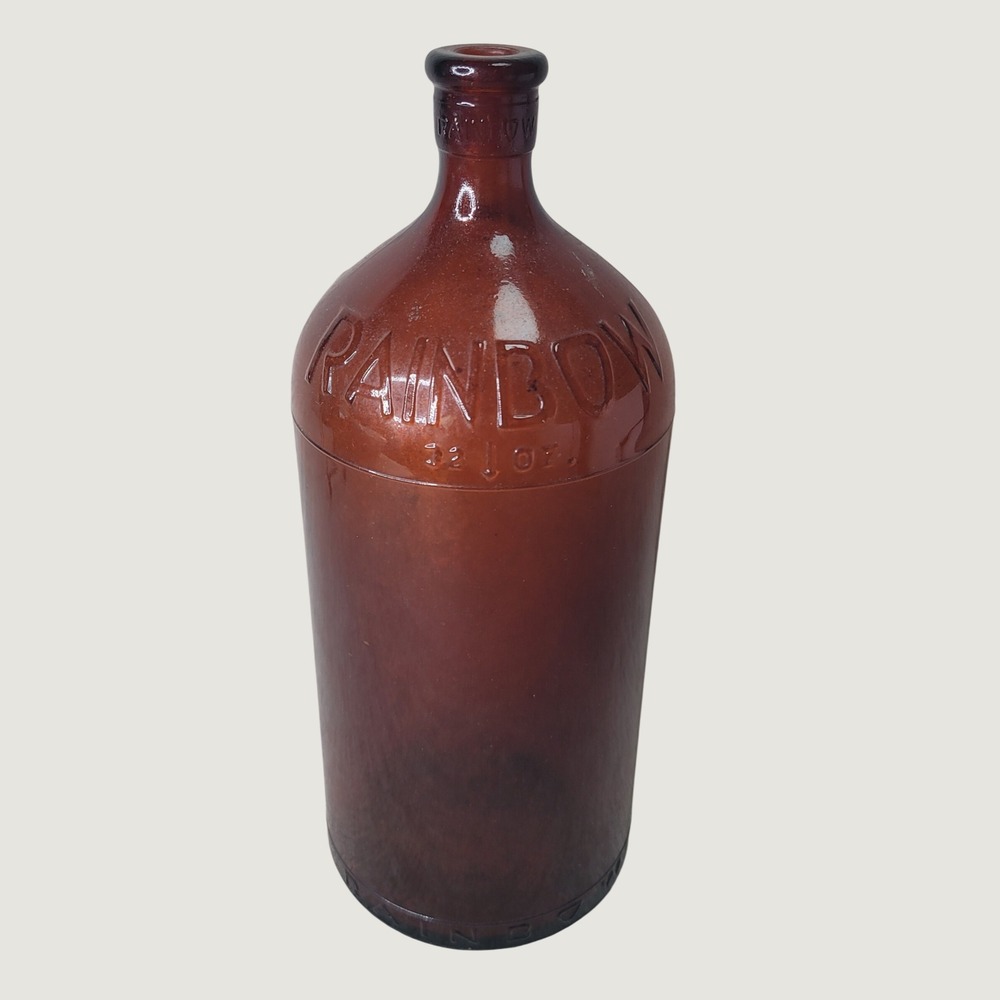 Vintage Rainbow 32 oz Amber Glass Bottle Embossed Apothecary Chemical Brown
